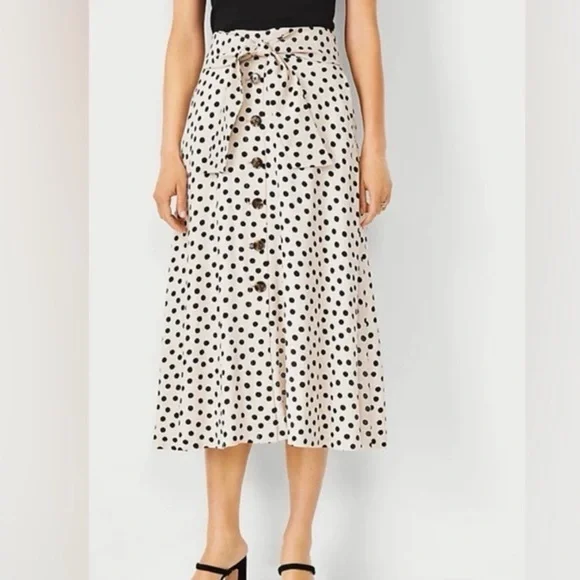 Ann Taylor Black and Cream Polka Dot Button Front Tie Belt Midi Skirt Size 18 - Picture 2 of 11